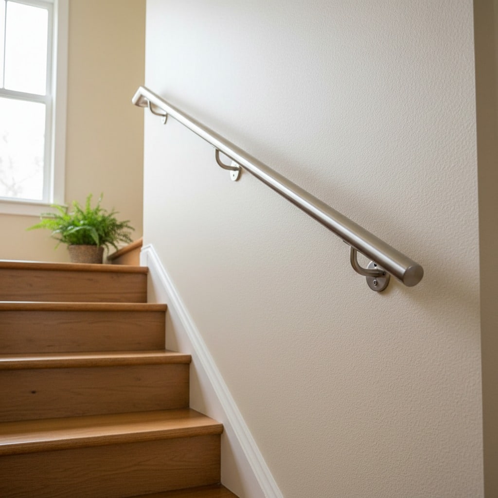 A sleek metal handrail mounts to an off-white wall alongside a wooden staircase with a potted plant on the landing above.