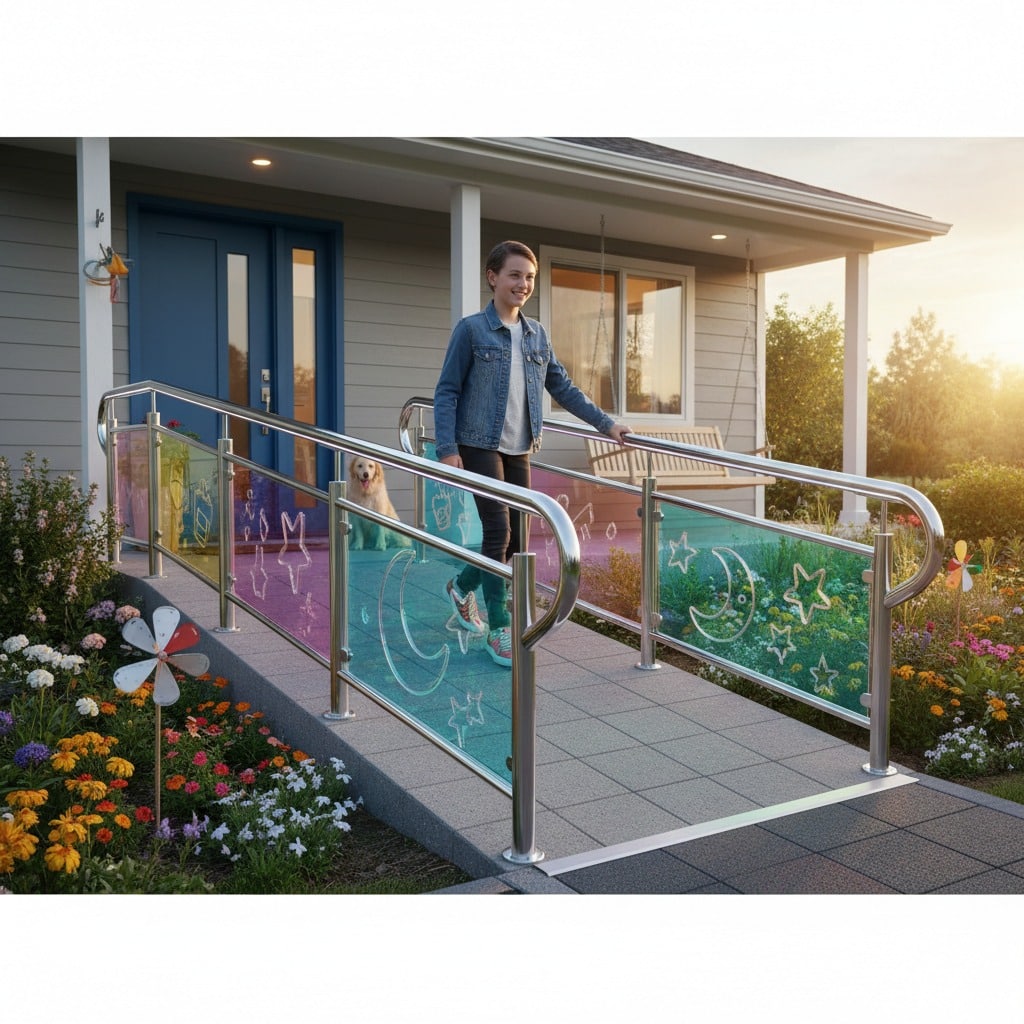 A young person walks down a ramp with stainless steel railings and colorful glass panels featuring etched star and moon designs.