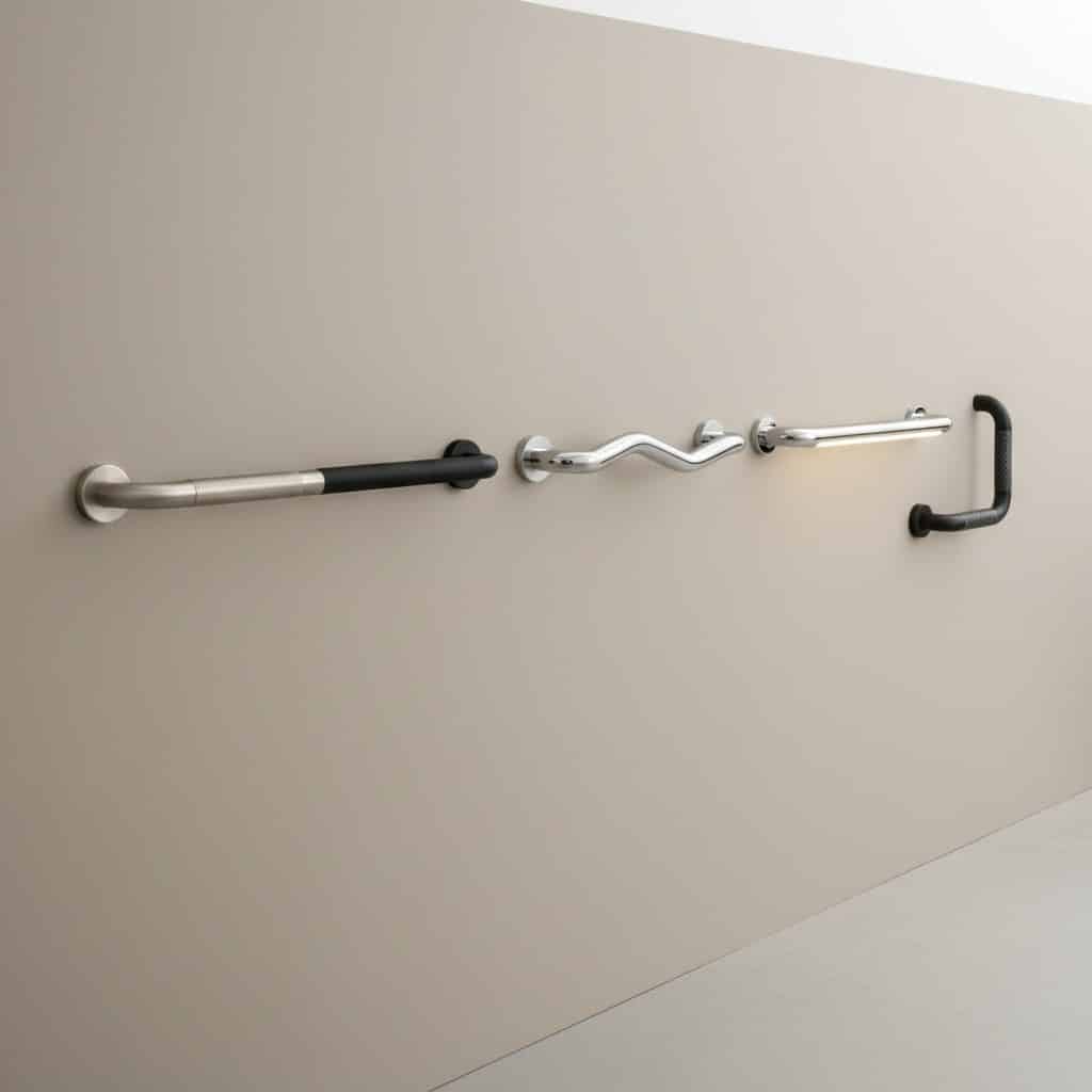 Four distinct grab bars with varying designs, finishes, and features are mounted horizontally in a row against a light beige wall.